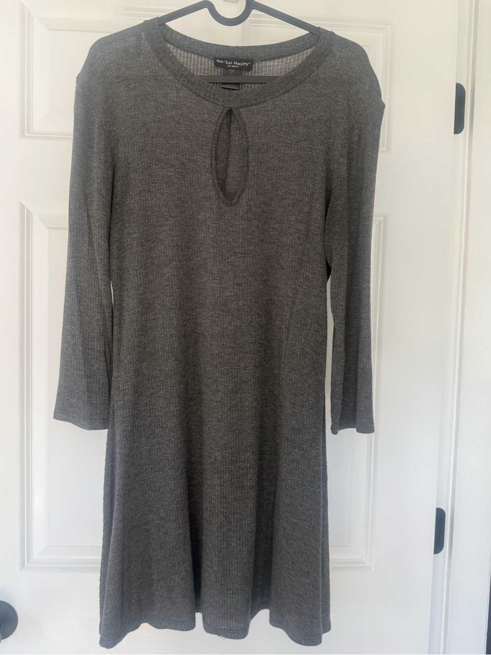See You Monday Gray Ribbed Keyhole Long Sleeve Mini Dress